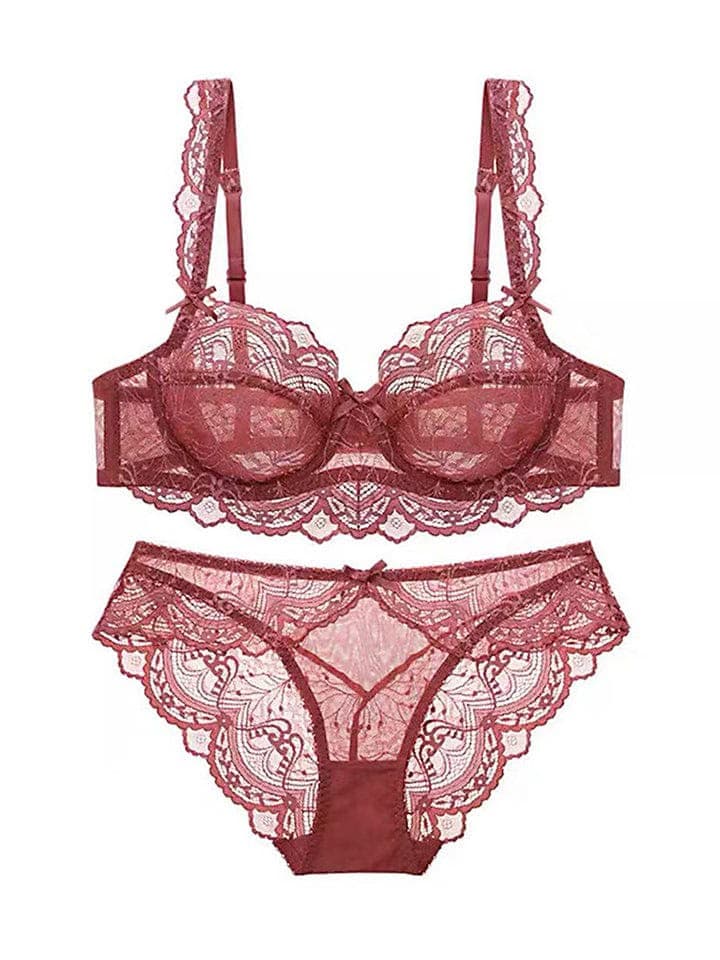 Burgundy Sheer Lace Scalloped-Edge Bra & Panty Set